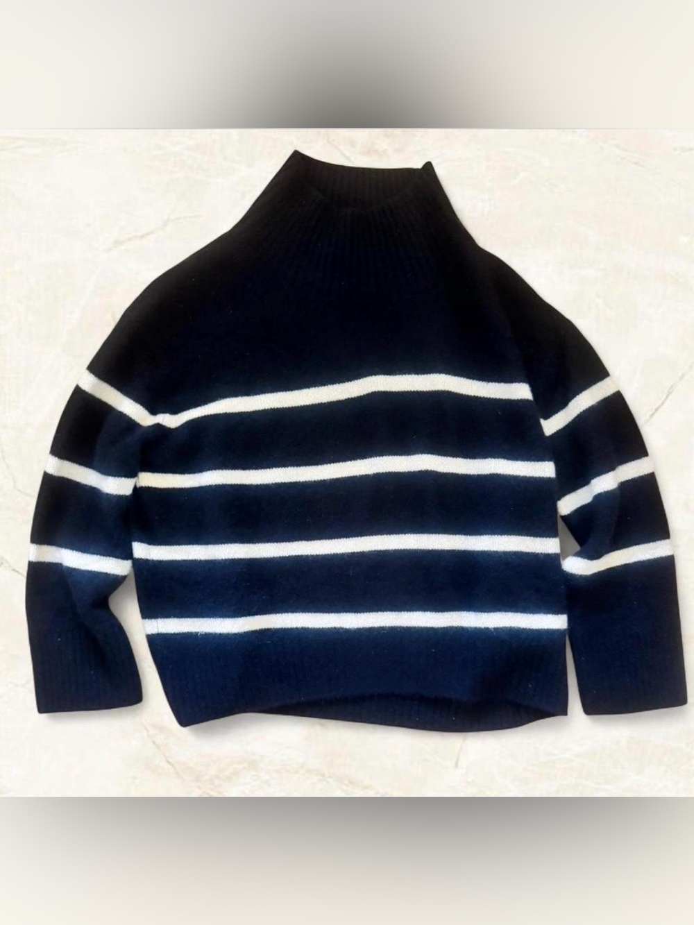 Black & Ivory striped 💯 cashmere classic mock neck sweater Size preppy - Picture 2 of 4